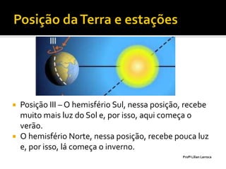  Posição III – O hemisfério Sul, nessa posição, recebe
  muito mais luz do Sol e, por isso, aqui começa o
  verão.
 O hemisfério Norte, nessa posição, recebe pouca luz
  e, por isso, lá começa o inverno.
                                               Profª Lilian Larroca
 