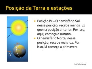  Posição IV – O hemisfério Sul,
  nessa posição, recebe menos luz
  que na posição anterior. Por isso,
  aqui, começa o outono.
 O hemisfério Norte, nessa
  posição, recebe mais luz. Por
  isso, lá começa a primavera.



                            Profª Lilian Larroca
 
