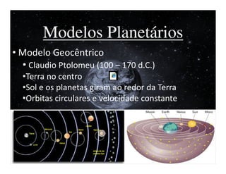 I


       Modelos Planetários
• Modelo Geocêntrico
  • Claudio Ptolomeu (100 – 170 d.C.)
  •Terra no centro
                       ptolemaic.swf
  •Sol e os planetas giram ao redor da Terra
  •Orbitas circulares e velocidade constante
 