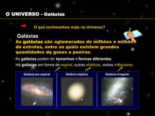 O UNIVERSO - Galáxias

             O que conhecemos mais no Universo?

    Galáxias
   As galáxias são aglomerados de milhões e milhões
   de estrelas, entre as quais existem grandes
   quantidades de gases e poeiras.
   As galáxias podem ter tamanhos e formas diferentes.
   Há galáxias em forma de espiral, outras elípticas, outras irregulares.

       Galáxia em espiral       Galáxia elíptica        Galáxia irregular
 