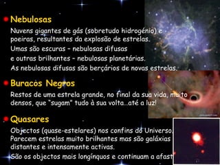 Nebulosas
 Nuvens gigantes de gás (sobretudo hidrogénio) e
 poeiras, resultantes da explosão de estrelas.
 Umas são escuras – nebulosas difusas
 e outras brilhantes – nebulosas planetárias.
 As nebulosas difusas são berçários de novas estrelas.

Buracos Negros
 Restos de uma estrela grande, no final da sua vida, muito
 densos, que “sugam” tudo à sua volta…até a luz!

Quasares
 Objectos (quase-estelares) nos confins do Universo.
 Parecem estrelas muito brilhantes mas são galáxias muito
 distantes e intensamente activas.
 São os objectos mais longínquos e continuam a afastar-se.
 