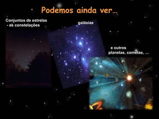 Podemos ainda ver…
Conjuntos de estrelas
                             galáxias…
- as constelações




                                                e outros
                                               planetas, cometas, ……




                        Profª Adelaide Sedas
 