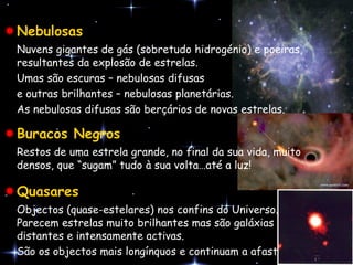 Nebulosas
 Nuvens gigantes de gás (sobretudo hidrogénio) e poeiras,
 resultantes da explosão de estrelas.
 Umas são escuras – nebulosas difusas
 e outras brilhantes – nebulosas planetárias.
 As nebulosas difusas são berçários de novas estrelas.

Buracos Negros
 Restos de uma estrela grande, no final da sua vida, muito
 densos, que “sugam” tudo à sua volta…até a luz!

Quasares
 Objectos (quase-estelares) nos confins do Universo.
 Parecem estrelas muito brilhantes mas são galáxias muito
 distantes e intensamente activas.
 São os objectos mais longínquos e continuam a afastar-se.
 
