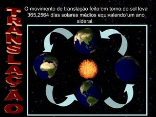 O movimento de translação feito em torno do sol leva 365,2564 dias solares médios equivalendo um ano sideral.  TRANSLAÇÃO 