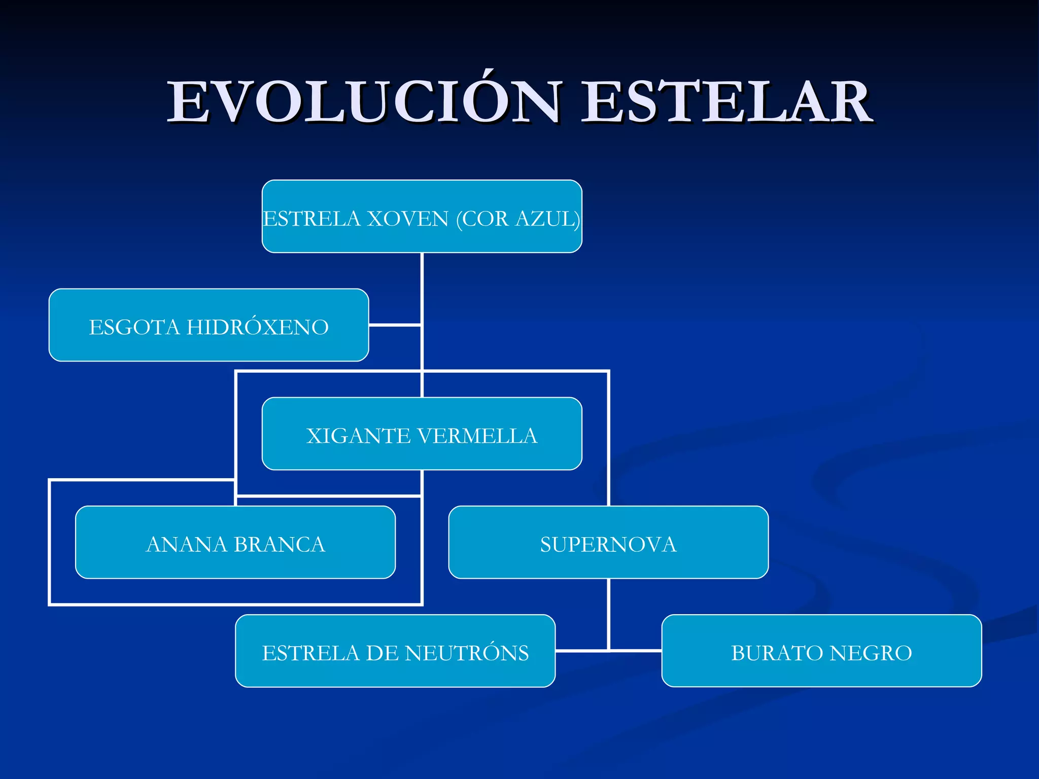 EVOLUCIÓN ESTELAR ESTRELA XOVEN (COR AZUL) XIGANTE VERMELLA ANANA BRANCA ESGOTA HIDRÓXENO SUPERNOVA ESTRELA DE NEUTRÓNS BURATO NEGRO 