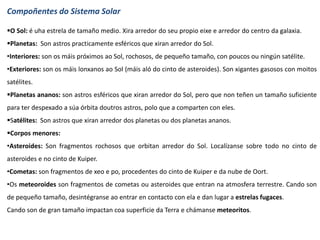 Compoñentes do Sistema Solar
O Sol: é uha estrela de tamaño medio. Xira arredor do seu propio eixe e arredor do centro da galaxia.
Planetas: Son astros practicamente esféricos que xiran arredor do Sol.
•Interiores: son os máis próximos ao Sol, rochosos, de pequeño tamaño, con poucos ou ningún satélite.
•Exteriores: son os máis lonxanos ao Sol (máis aló do cinto de asteroides). Son xigantes gasosos con moitos
satélites.
Planetas ananos: son astros esféricos que xiran arredor do Sol, pero que non teñen un tamaño suficiente
para ter despexado a súa órbita doutros astros, polo que a comparten con eles.
Satélites: Son astros que xiran arredor dos planetas ou dos planetas ananos.
Corpos menores:
•Asteroides: Son fragmentos rochosos que orbitan arredor do Sol. Localízanse sobre todo no cinto de
asteroides e no cinto de Kuiper.
•Cometas: son fragmentos de xeo e po, procedentes do cinto de Kuiper e da nube de Oort.
•Os meteoroides son fragmentos de cometas ou asteroides que entran na atmosfera terrestre. Cando son
de pequeño tamaño, desintégranse ao entrar en contacto con ela e dan lugar a estrelas fugaces.
Cando son de gran tamaño impactan coa superficie da Terra e chámanse meteoritos.
 