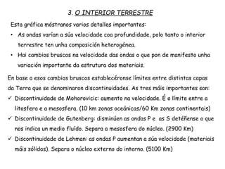 3. O INTERIOR TERRESTRE
Esta gráfica móstranos varios detalles importantes:
• As ondas varían a súa velocidade coa profundidade, polo tanto o interior
terrestre ten unha composición heterogénea.
• Hai cambios bruscos na velocidade das ondas o que pon de manifesto unha
variación importante da estrutura dos materiais.
En base a esos cambios bruscos establecéronse límites entre distintas capas
da Terra que se denominaron discontinuidades. As tres máis importantes son:
 Discontinuidade de Mohorovicic: aumento na velocidade. É o límite entre a
litosfera e a mesosfera. (10 km zonas oceánicas/60 Km zonas continentais)
 Discontinuidade de Gutenberg: disminúen as ondas P e as S detéñense o que
nos indica un medio fluído. Separa a mesosfera do núcleo. (2900 Km)
 Discontinuidade de Lehman: as ondas P aumentan a súa velocidade (materiais
máis sólidos). Separa o núcleo externo do interno. (5100 Km)
 