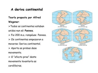 A deriva continental
Teoría proposta por Alfred
Wegener:
Todos os continentes estaban
unidos nun só: Panxea.
 Fai 200 m.a. rompéuse Panxea.
 Os continentes empezaron a
moverse: Deriva continental.
 Aporta as probas dese
movemento.
 O “efecto proa” deste
movemento levantaría as
cordilleiras.
 