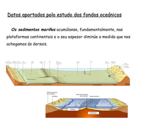 Datos aportados polo estudo dos fondos oceánicos
 Os sedimentos mariños acumúlanse, fundamentalmente, nas
plataformas continentais e o seu espesor diminúe a medida que nos
achegamos ás dorsais.
 