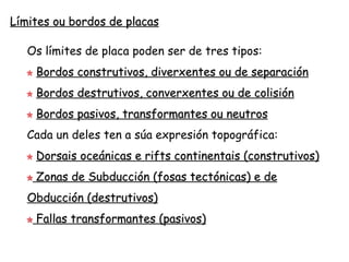 Límites ou bordos de placas
Dorsais
oceánicas Fosas
tectónicas
Fallas
transformantes
 