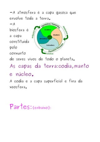 -A atmosfera é a capa gasosa que
envolve toda a terra.
-A
biosfera é
a capa
constituida
polo
conxunto
de seres vivos de todo o planeta.

As capas da terra:codia,manto
e núcleo.
A codia e a capa superficial e fina da
xeosfera.




Partes:(enbaixo):
 