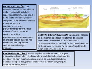 ESCUDOS ou CRATÕES : São vastas extensões em que afloram rochas muito antigas (idade superior a 600 milhões de anos) e onde existe uma sobreposição complexa de rochas sedimentares e magmáticas que, seguidamente, foram profundamente deformadas e metamorfizadas. Por vezes contêm intrusões predominantemente graníticas. Os cratões podem estar ou não recobertos por sequências sedimentares de origem marinha… PLATAFORMAS ESTÁVEIS  –  Estas sequências sedimentares de origem marinha (que foram depositados no decurso de fases de subida do nível das águas do mar) e que ainda apresentam as características da sua deposição original designam-se Plataformas e podem atingir alguns quilómetros de espessura  CINTURAS OROGÉNICAS RECENTES : Enormes cadeias de montanhas alongadas resultantes de colisões continente – continente ou placa oceânica – continente (Andes, Himalaias). Estas montanhas ainda continuam em formação. Existe também actividade magmática e/ou metamórfica 