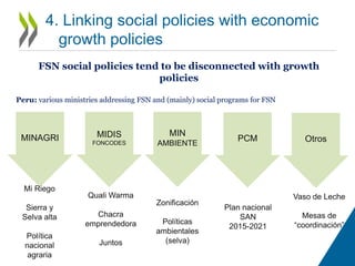 4. Promoting MLG systems to strengthening
horizontal and vertical co-ordination
• Horizontal and vertical coordination across national and sub-
national authorities.
 Case studies provide some examples of coordination at national level
(inter-ministerial council or commission) with vague roles – no executive
powers to influence policy making process and financial resources
 Sub-national authorities in charge of implementing national policies but
without the chance to influence their formulation
 A lack of vertical coordination stiffens bottom-up development
• The role of sub-national institutions
 Decentralisation alone cannot be viewed as a panacea
 Lack of capacity in case studies appear as the most critical priority to
ensure FSN policies can be effectively adapted and implemented at the
local level
 Dangers of local elite capture and corruption
 