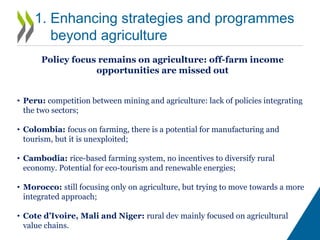1. Increasing the availability of data and indicators at the local and
regional levels to support evidence-based FSN policy.
 Scarce territorial information challenges evidence based-policy making
 Poverty and food insecurity are spatially correlated
2. Enhancing strategies and programmes beyond agriculture
 Traditional strong focus on agriculture to FSN (sectoral approach).
3. Linking social policies with economic growth policies
 Disconnect between social policy and pro-growth investment
4. Promoting multi-level governance systems to strengthening
horizontal and vertical co-ordination
 Multidimensional approach to FSN does not percolate to communities
 Capacity building needed in a bottom-up approach
Key findings and policy recommendations
 
