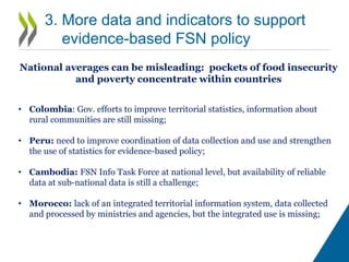 3. Linking social policies with economic
growth policies
HealthCare
Infrastructure
Pro-growth
policy
ConditionalCash
Transfers
Foodproduction
Typical domain of Food security and nutrition policies
HumanCapital
InnovationandR&D
Territories – subnational entities
• Physical AVAILABILITY of food
• Economic and physical ACCESS to food
• Food UTILIZATION
• STABILITY of the other three dimensions over time
 