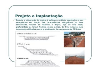 Projeto e Implantação
 Durante a elaboração do projeto é definido o método construtivo a ser
estabelecido em função das características topográficas da área
selecionada, volume de resíduos a dispor, tipo do solo local,
profundidade do lençol freático, dentre outros. Os três métodos mais
comumente utilizados para o procedimento de aterramento de RSU são:
a) Método da trincheira ou vala
b) Método da rampa
c) Método da área
 