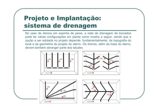 Projeto e Implantação:
sistema de drenagem
No caso de drenos em espinha de peixe, a rede de drenagem de lixiviados
pode ter várias configurações em planta como mostra a seguir, sendo que a
opção a ser adotada no projeto depende, fundamentalmente, da topografia do
local e da geometria do projeto do aterro. Os drenos, além da base do aterro,
devem também abranger parte dos taludes.
 