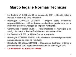 Marco legal e Normas Técnicas
• Lei Federal nº 6.938 de 31 de agosto de 1981 – Dispõe sobre a
Política Nacional de Meio Ambiente;
• Resolução CONAMA 001/1986 – Dispõe sobre definições,
responsabilidades, critérios básicos e diretrizes gerais para uso e
implementação da Avaliação de Impacto Ambiental;
• Constituição Federal (1988) - Responsabiliza o município pelo
serviço de coleta e destino final dos resíduos domésticos;
• Lei Federal nº 9.605 de 1998 - Crimes ambientais;
• Resolução CONAMA 27/2001 – Estabelece o novo código de cores
para os diferentes tipos de resíduos;
• Resolução CONAMA 307/2002 – Estabelece diretrizes, critérios e
procedimentos para a gestão dos resíduos da construção civil;
• Lei Federal nº 12.305/2010 - PNRS
32
 