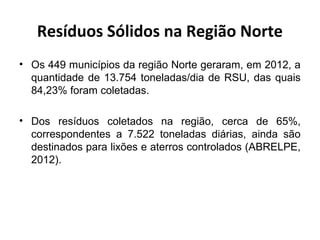 Resíduos Sólidos na Região Norte
• Os 449 municípios da região Norte geraram, em 2012, a
quantidade de 13.754 toneladas/dia de RSU, das quais
84,23% foram coletadas.
• Dos resíduos coletados na região, cerca de 65%,
correspondentes a 7.522 toneladas diárias, ainda são
destinados para lixões e aterros controlados (ABRELPE,
2012).
 
