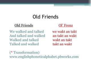 Old Friends
Old Friends
We walked and talked
And talked and walked
Walked and talked
Talked and walked

Ol’ Frenz
we wakt an takt
an takt an wakt
wakt an takt
takt an wakt

(* Transformation)
www.englishphoneticalphabet.pbworks.com

 