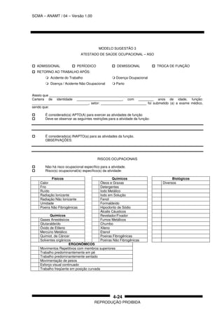 SCMA – ANAMT / 04 – Versão 1.00
REPRODUÇÃO PROIBIDA
4-24
MODELO SUGESTÃO 3
ATESTADO DE SAÚDE OCUPACIONAL – ASO
ADMISSIONAL PERÍODICO DEMISSIONAL TROCA DE FUNÇÃO
RETORNO AO TRABALHO APÓS:
Acidente do Trabalho Doença Ocupacional
Doença / Acidente Não Ocupacional Parto
Atesto que ________________________________________________________________________________,
Carteira de identidade ________________________, com ________ anos de idade, função:
______________________________, setor: ________________________ foi submetido (a) a exame médico,
sendo que:
É considerado(a) APTO(A) para exercer as atividades de função
Deve-se observar as seguintes restrições para a atividade da função:
É considerado(a) INAPTO(a) para as atividades da função.
OBSERVAÇÕES:
RISCOS OCUPACIONAIS
Não há risco ocupacional específico para a atividade.
Risco(s) ocupacional(is) específico(s) da atividade:
Físicos Químicos Biológicos
Calor Óleos e Graxas Diversos
Frio Detergentes
Ruído Iodo Metálico
Radiação Ionizante Iodo em Solução
Radiação Não Ionizante Fenol
Umidade Formaldeído
Poeira Não Fibrogênicas Hipoclorito de Sódio
Álcalis Cáusticos
Químicos Revelador/Fixador
Gases Anestésicos Fumos Metálicos
Glutaraldeído Chumbo
Óxido de Etileno Xileno
Mercúrio Metálico Etanol
Quimiot. de Câncer Poeiras Fibrogênicas
Solventes orgânicos Poeiras Não Fibrogênicas
ERGONÔMICOS
Movimentos Repetitivos com membros superiores
Trabalho predominantemente em pé
Trabalho predominantemente sentado
Movimentação de pesos
Esforço visual continuado
Trabalho freqüente em posição curvada
 