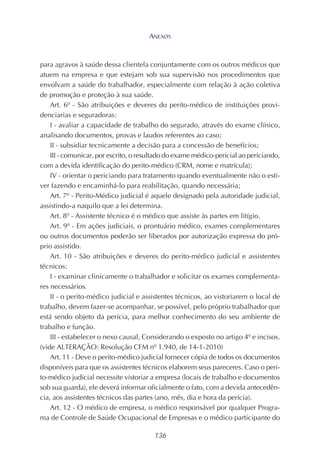 136
para agravos à saúde dessa clientela conjuntamente com os outros médicos que
atuem na empresa e que estejam sob sua supervisão nos procedimentos que
envolvam a saúde do trabalhador, especialmente com relação à ação coletiva
de promoção e proteção à sua saúde.
Art. 6º - São atribuições e deveres do perito-médico de instituições provi-
denciarias e seguradoras:
I - avaliar a capacidade de trabalho do segurado, através do exame clínico,
analisando documentos, provas e laudos referentes ao caso;
II - subsidiar tecnicamente a decisão para a concessão de benefícios;
III - comunicar, por escrito, o resultado do exame médico-pericial ao periciando,
com a devida identificação do perito-médico (CRM, nome e matrícula);
IV - orientar o periciando para tratamento quando eventualmente não o esti-
ver fazendo e encaminhá-lo para reabilitação, quando necessária;
Art. 7º - Perito-Médico judicial é aquele designado pela autoridade judicial,
assistindo-a naquilo que a lei determina.
Art. 8º - Assistente técnico é o médico que assiste às partes em litígio.
Art. 9º - Em ações judiciais, o prontuário médico, exames complementares
ou outros documentos poderão ser liberados por autorização expressa do pró-
prio assistido.
Art. 10 - São atribuições e deveres do perito-médico judicial e assistentes
técnicos:
I - examinar clinicamente o trabalhador e solicitar os exames complementa-
res necessários.
II - o perito-médico judicial e assistentes técnicos, ao vistoriarem o local de
trabalho, devem fazer-se acompanhar, se possível, pelo próprio trabalhador que
está sendo objeto da perícia, para melhor conhecimento do seu ambiente de
trabalho e função.
III - estabelecer o nexo causal, Considerando o exposto no artigo 4º e incisos.
(vide ALTERAÇÃO: Resolução CFM nº 1.940, de 14-1-2010)
Art. 11 - Deve o perito-médico judicial fornecer cópia de todos os documentos
disponíveis para que os assistentes técnicos elaborem seus pareceres. Caso o peri-
to-médico judicial necessite vistoriar a empresa (locais de trabalho e documentos
sob sua guarda), ele deverá informar oficialmente o fato, com a devida antecedên-
cia, aos assistentes técnicos das partes (ano, mês, dia e hora da perícia).
Art. 12 - O médico de empresa, o médico responsável por qualquer Progra-
ma de Controle de Saúde Ocupacional de Empresas e o médico participante do
ANEXOS
 