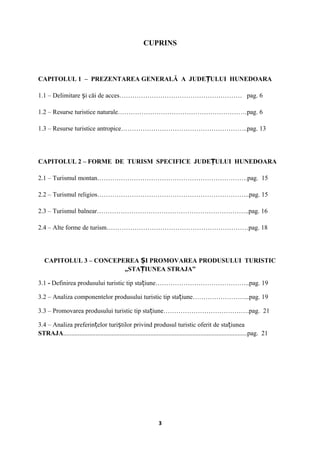 CUPRINS
CAPITOLUL 1 – PREZENTAREA GENERALĂ A JUDE ULUI HUNEDOARAȚ
1.1 – Delimitare i căi de acces………………………………………………… pag. 6ș
1.2 – Resurse turistice naturale……………………………………………………pag. 6
1.3 – Resurse turistice antropice…………………………………………………..pag. 13
CAPITOLUL 2 – FORME DE TURISM SPECIFICE JUDE ULUI HUNEDOARAȚ
2.1 – Turismul montan…………………………………………………………….pag. 15
2.2 – Turismul religios……………………………………………………………..pag. 15
2.3 – Turismul balnear……………………………………………………………..pag. 16
2.4 – Alte forme de turism…………………………………………………………pag. 18
CAPITOLUL 3 – CONCEPEREA I PROMOVAREA PRODUSULUI TURISTICȘ
„STA IUNEA STRAJA”Ț
3.1 - Definirea produsului turistic tip sta iune……………………………………..pag. 19ț
3.2 – Analiza componentelor produsului turistic tip sta iune……………………...pag. 19ț
3.3 – Promovarea produsului turistic tip sta iune………………………………….pag. 21ț
3.4 – Analiza preferin elor turi tilor privind produsul turistic oferit de sta iuneaț ș ț
STRAJA..................................................................................................................pag. 21
3
 