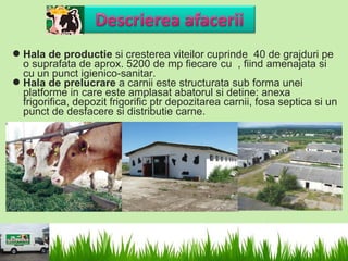 Hala de productie si cresterea viteilor cuprinde 40 de grajduri pe
 o suprafata de aprox. 5200 de mp fiecare cu , fiind amenajata si
 cu un punct igienico-sanitar.
Hala de prelucrare a carnii este structurata sub forma unei
 platforme in care este amplasat abatorul si detine: anexa
 frigorifica, depozit frigorific ptr depozitarea carnii, fosa septica si un
 punct de desfacere si distributie carne.
 