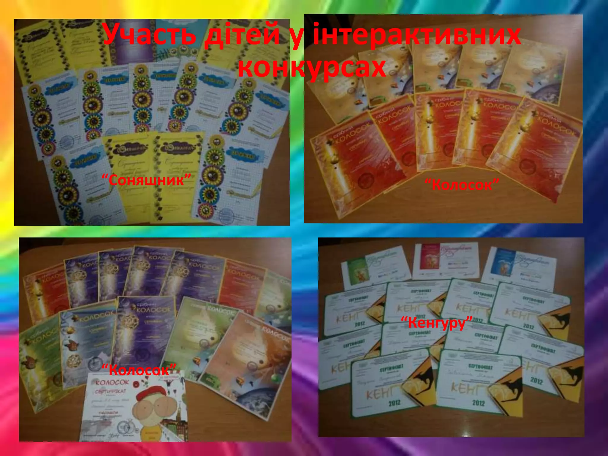Участь дітей у інтерактивних
конкурсах
“Соняшник” “Колосок”
“Колосок”
“Кенгуру”
 