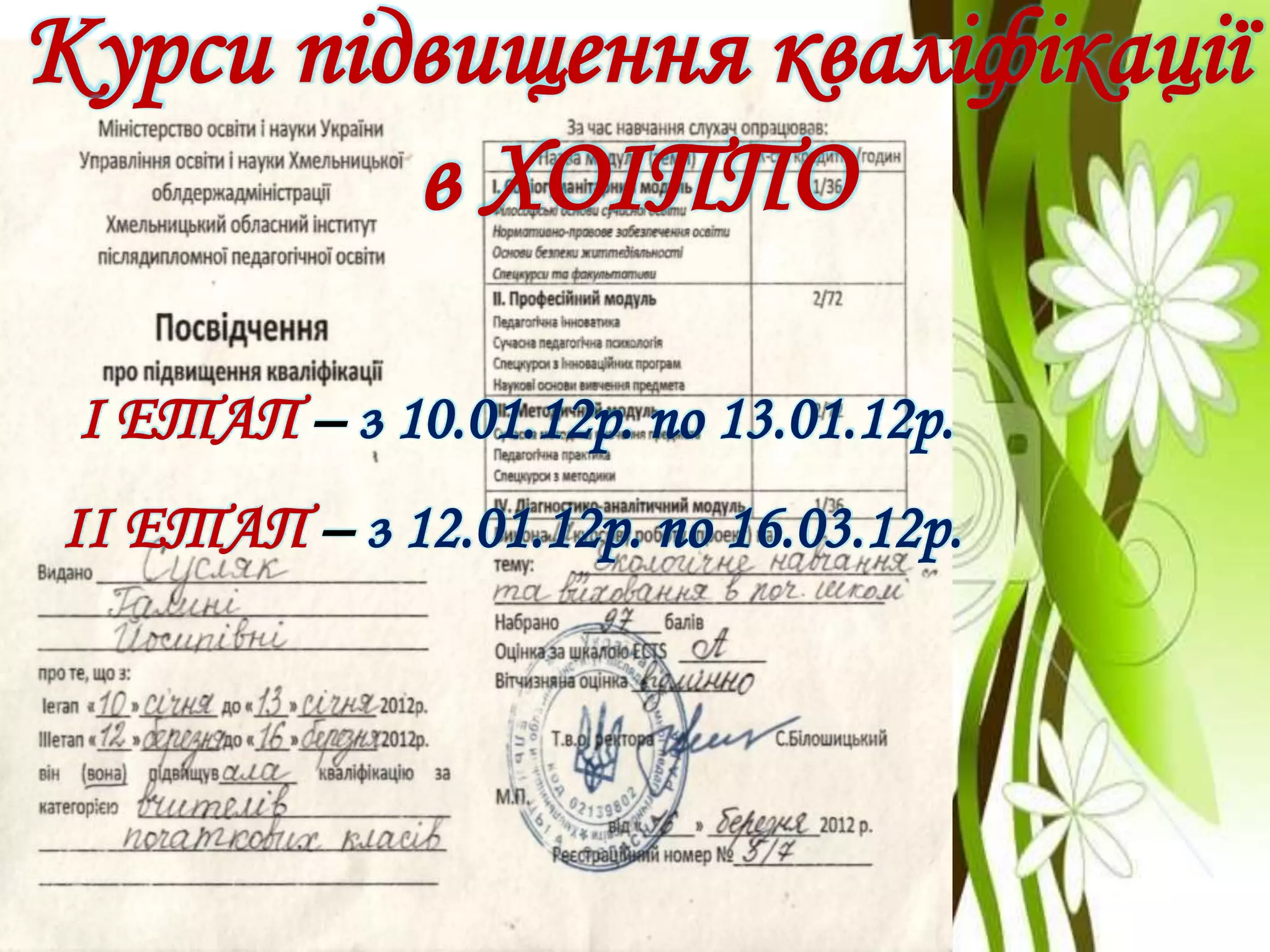 Курси підвищення кваліфікації
в ХОІППО
І ЕТАП – з 10.01.12р. по 13.01.12р.
ІІ ЕТАП – з 12.01.12р. по 16.03.12р.
 