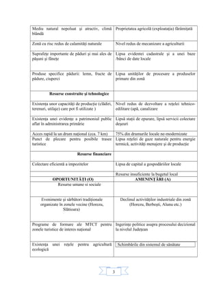 3
Mediu natural nepoluat şi atractiv, climă
blândă
Proprietatea agricolă (exploataţia) fărâmiţată
Zonă cu risc redus de calamităţi naturale Nivel redus de mecanizare a agriculturii
Suprafeţe importante de păduri şi mai ales de
păşuni şi fâneţe
Lipsa evidentei cadastrale şi a unei baze
/bănci de date locale
Produse specifice pădurii: lemn, fructe de
pădure, ciuperci
Lipsa unităţilor de procesare a produselor
primare din zonă
Resurse construite şi tehnologice
Existenţa unor capacităţi de producţie (clădiri,
terenuri, utilaje) care pot fi utilizate )
Nivel redus de dezvoltare a reţelei tehnico-
edilitare (apă, canalizare
Existenţa unei evidenţe a patrimoniul public
aflat în administrarea primărie
Lipsă staţii de epurare, lipsă servicii colectare
deşeuri
Acces rapid la un drum naţional (cca. 7 km) 75% din drumurile locale ne-modernizate
Punct de plecare pentru posibile trasee
turistice
Lipsa reţelei de gaze naturale pentru energie
termică, activităţi menajere şi de producţie
Resurse financiare
Colectare eficientă a impozitelor Lipsa de capital a gospodăriilor locale
Resurse insuficiente la bugetul local
OPORTUNITĂŢI (O) AMENINŢĂRI (A)
Resurse umane si sociale
Evenimente şi sărbători tradiţionale
organizate în zonele vecine (Horezu,
Slătioara)
Declinul activităţilor industriale din zonă
(Horezu, Berbeşti, Alunu etc.)
Programe de formare ale MTCT pentru
zonele turistice de interes naţional
Ingerinţe politice asupra procesului decizional
la nivelul Judeţean
Existenţa unei reţele pentru agricultură
ecologică
Schimbările din sistemul de sănătate
 