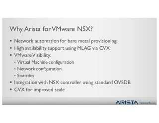 Technical Forum
Why Arista forVMware NSX?
§ Network automation for bare metal provisioning
§ High availability support using MLAG via CVX
§ VMwareVisibility:
• Virtual Machine configuration
• Network configuration
• Statistics
§ Integration with NSX controller using standard OVSDB
§ CVX for improved scale
 