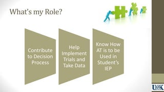What’s my Role? 
Contribute 
to Decision 
Process 
Help 
Implement 
Trials and 
Take Data 
Know How 
AT is to be 
Used in 
Student’s 
IEP 
 
