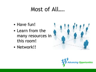 Most of All….
• Have fun!
• Learn from the
many resources in
this room!
• Network!!
 