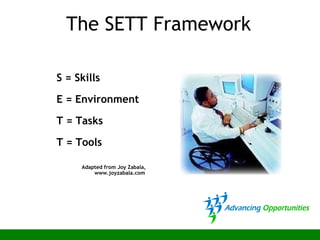 The SETT Framework
S = Skills
E = Environment
T = Tasks
T = Tools
Adapted from Joy Zabala,
www.joyzabala.com
 