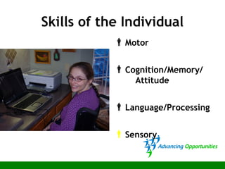 Skills of the Individual
Motor
Cognition/Memory/
Attitude
Language/Processing
Sensory
 