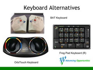 Keyboard Alternatives
Frog Pad Keyboard (R)
OrbiTouch Keyboard
BAT Keyboard
 