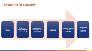 www.luxoft.com
Владение Процессом
Ледокол
Tribes
Собираем
информацию
brainwriting
Знакомимся c
информацией
world-café
Голосуем
five-to-fist
Делаем выбор
pro-con
analysis
Подводим
итоги
meeting
minutes
 