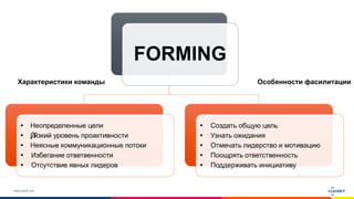 www.luxoft.com
FORMING
 Неопределенные цели
 изкий уровень проактивности
 Неясные коммуникационные потоки
 Избегание ответвенности
 Отсутствие явных лидеров
 Создать общую цель
 Узнать ожидания
 Отмечать лидерство и мотивацию
 Поощрять ответственность
 Поддерживать инициативу
Характеристики команды Особенности фасилитации
 