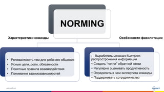 www.luxoft.com
NORMING
 Релевантность тем для рабочего общения
 Ясные цели, роли, обязанности
 Понятные правила взаимодействия
 Понимание взаимозависимостей
 Выработать механиз быстрого
распростронения информации
 Создать “петли” обратной связи
 Регулярно оценивать продуктивность
 Определить в чем экспертиза команды
 Поддерживать сотрудничество
Характеристики команды Особенности фасилитации
 