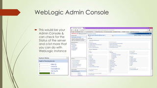 WebLogic Admin Console
 This would be your
Admin Console &
can check for the
Status of the server
and a lot more that
you can do with
WebLogic Instance

 