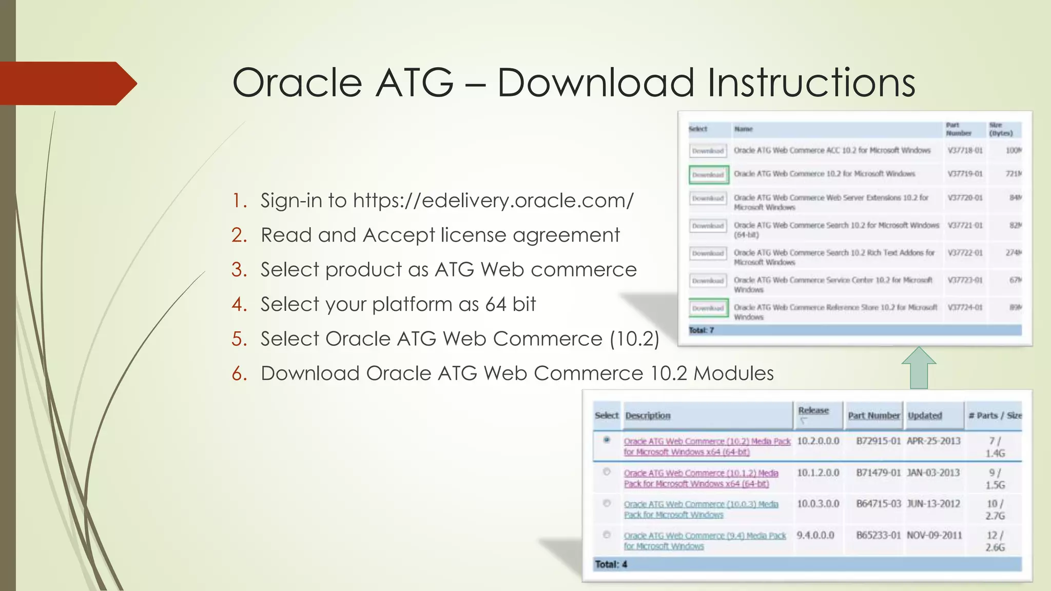 Oracle ATG – Download Instructions
1. Sign-in to https://edelivery.oracle.com/
2. Read and Accept license agreement
3. Select product as ATG Web commerce
4. Select your platform as 64 bit

5. Select Oracle ATG Web Commerce (10.2)
6. Download Oracle ATG Web Commerce 10.2 Modules

 