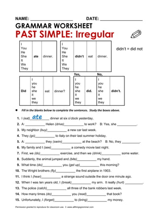 NAME: ________________________ DATE: ________________________
GRAMMAR WORKSHEET
PAST SIMPLE: Irregular
I
dinner.
I
eat dinner.
You You
He He
She ate She didn’t
It It
We We
They They
Yes, No,
I
eat dinner?
I I
you you you
he he he
Did she she did. she didn’t.
it it it
we we we
they they they
 Fill in the blanks below to complete the sentences. Study the boxes above.
1. I (eat)___________ dinner at six o’clock yesterday.
2. A: ___________ Helen (drive)___________ to work? B: Yes, she ___________.
3. My neighbor (buy)___________ a new car last week.
4. They (go)___________ to Italy on their last summer holiday.
5. A: ___________ they (swim)___________ at the beach? B: No, they __________.
6. My family and I (see)___________ a comedy movie last night.
7. First, we (do)___________ exercise, and then we (drink)___________ some water.
8. Suddenly, the animal jumped and (bite)___________ my hand.
9. What time (do)___________ you (get up)___________ this morning?
10. The Wright brothers (fly)___________ the first airplane in 1903.
11. I think I (hear)___________ a strange sound outside the door one minute ago.
12. When I was ten years old, I (break)___________ my arm. It really (hurt) __________.
13. The police (catch)___________ all three of the bank robbers last week.
14. How many times (do)___________ you (read)___________ that book?
15. Unfortunately, I (forget)___________ to (bring)___________ my money.
Permission granted to reproduce for classroom use. © www.allthingsgrammar.com
 