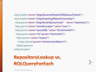 <dsp:droplet name="/atg/dynamo/droplet/RQLQueryForEach">
<dsp:droplet name="/atg/targeting/RepositoryLookup">
<dsp:param bean="/atg/demo/QuincyFunds" name="repository"/>
<dsp:param name="itemDescriptor" value="user"/>
<dsp:param name="queryRQL" value="id=elementId"/>
<dsp:param name="id" param="elementId"/>
<dsp:oparam name="output">
<<dsp:valueof param="element.fundName"/>
</dsp:oparam>
</dsp:droplet>
15
ATG Hints by Kate Soglaeva
 