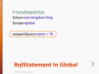 # /com/kings/Arthur
$class=com.kingdom.King
$scope=global
weaponQuery=name = ?0
23
ATG Hints by Kate Soglaeva
 