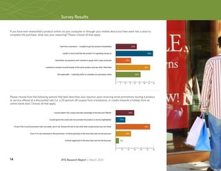 Survey Results


If you have ever researched a product online via your computer or through your mobile device but then went into a store to
complete the purchase, what was your reasoning? Please choose all that apply.



                                                              I had time constraints – I needed to get the product immediately                              22%


                                                                  I prefer to touch and feel the product I’m spending money on                                                 39%


                                                        I had follow-up questions and I wanted to speak with a sales associate                    16%


                                             I wanted to compare several brands of the same product and see what I liked best                                              36%


                                                            Not applicable – I typically prefer to complete my purchases online                                26%



                                                                                                                                    0   5        10    15     20   25     30     35   40




Please choose from the following options that best describes your reaction upon receiving email promotions touting a product
or service offered at a discounted rate (i.e. a 20 percent off coupon from a bookstore, or credits towards a holiday from an
online travel site). Choose all that apply.


                                                       I would redeem the coupon and take advantage of the discount offered                            29%


                                                 I would ignore the email and not purchase the product or service highlighted           15%


     I'd see if the current promotion suits my needs, and if not, browse the site to see what other products/services are listed                                           54%


                         Even if I'm not interested in the promotion, I'd think positively of the store that sent me the discount                 24%


                                                                     I'd think negatively of the store that sent me the discount        5%



                                                                                                                                    0       10        20      30     40        50     60




14                                                              ATG Research Report | March 2010
 