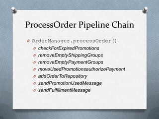 ProcessOrder Pipeline Chain
O OrderManager.processOrder()
O checkForExpiredPromotions
O removeEmptyShippingGroups
O removeEmptyPaymentGroups
O moveUsedPromotionsauthorizePayment
O addOrderToRepository
O sendPromotionUsedMessage
O sendFulfillmentMessage
 
