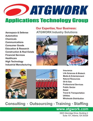 Our Expertise, Your Business:
                ATGWORK Industry Solutions




Consulting   Outsourcing Training Staffing
                              www.atgwork.com
 
