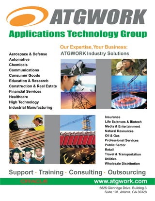 Our Expertise, Your Business:
              ATGWORK Industry Solutions




Support Training Consulting Outsourcing
                            www.atgwork.com
 