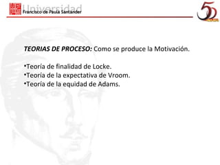 TEORIAS DE PROCESO: Como se produce la Motivación.

•Teoría de finalidad de Locke.
•Teoría de la expectativa de Vroom.
•Teoría de la equidad de Adams.
 